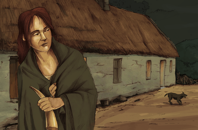 Colour line drawing of Belle Steele at cottage with cow horn