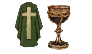 image shows a green priest's vestment and a chalice